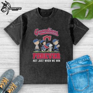 Adorable Peanuts characters on a Cleveland Guardians MLB t-shirt, celebrating fandom with 'Forever Not Just When We Win' design.