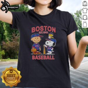 Awesome Charlie Brown and Snoopy Boston Red Sox basketball tee for ladies, est. 1901, featuring vibrant graphics.