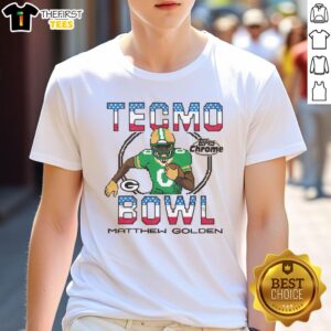 Pretty Tecmo Bowl X Topps Chrome Packers Matthew Golden T-Shirt featuring vibrant graphics and retro design.