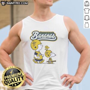 Graphic tank top featuring Original Peanuts characters with Savannah Bananas theme, perfect for casual summer wear.