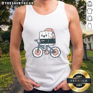 Colorful 'Good Sushi' bicycle tank top displayed on a wooden background, perfect for sushi lovers and cycling enthusiasts.