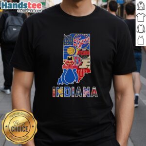 Official Indiana Sports Teams Graphic Transfer State T-Shirt featuring vibrant logos and state outline design.