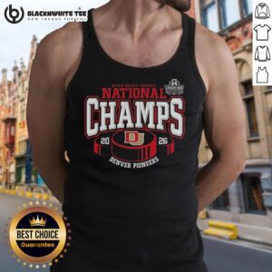 Premium Denver Pioneers 2026 NCAA Frozen Four Men's Ice Hockey National Champions tank top featuring a hockey puck design.