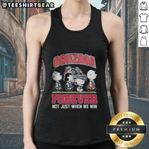 Pretty Peanuts characters on Gonzaga Bulldogs tank top, celebrating NBA spirit with 'Forever, Not Just When We Win' design.