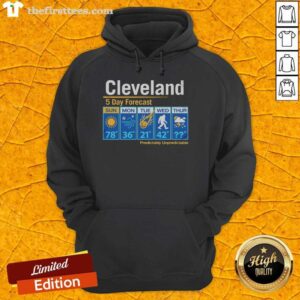 Alt Text: Official Cleveland Unpredictable Weather 5-Day Forecast Hoodie in navy blue, showcasing the city's iconic weather patterns.