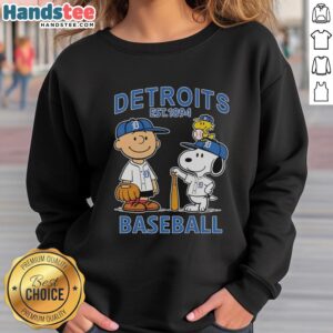 Alt Text: Good Charlie Brown, Snoopy, and Woodstock in Detroit Tigers baseball jersey sweatshirt, est. 1894, playful design.