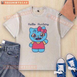 Alt Text: Awesome Hello Hunters Hello Kitty washed t-shirt featuring a cute graphic design, perfect for casual wear.