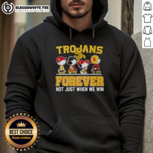 Alt Text: Top Peanuts Characters X USC Trojans NFL Forever hoodie featuring iconic cartoon characters in team colors.