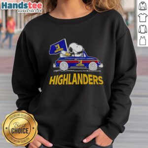 Alt Text: Snoopy and Woodstock cheer in a car on a Highlands Rugby Club sweatshirt, showcasing playful sports spirit.