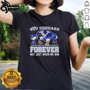 Awesome Peanuts X BYU Cougars Forever Fan cartoon characters ladies tee showcasing school spirit and fandom.