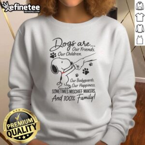 Alt Text: Cozy sweatshirt featuring Snoopy with the phrase Dogs Are Our Friends, Children, Bodyguards, and Happiness.