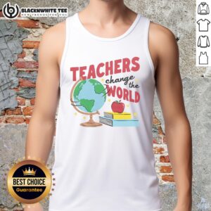 Alt Text: Awesome teachers change the world graphic on a white and red ringer tank top, perfect for educators and supporters.