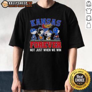 Alt Text: Original Peanuts X Kansas Jayhawks Forever Fan T-Shirt featuring cartoon characters, perfect for loyal fans.