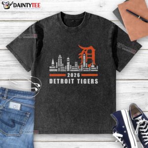 2026 Hot Detroit Tigers MLB washed t-shirt featuring players' names and the city skyline shape design.