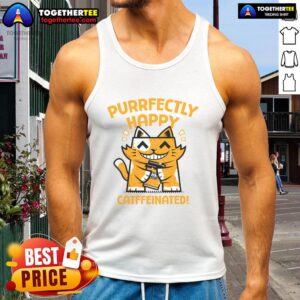 Alt Text: Purrfectly Happy Cat Tank Top featuring a playful cat design and coffee theme, perfect for cat lovers.