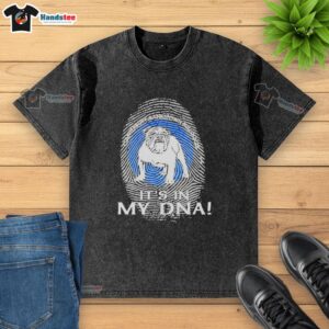 Alt Text: Premium Canterbury Bankstown Bulldogs Rugby It's In My DNA fingerprint washed t-shirt in blue, showcasing team pride.