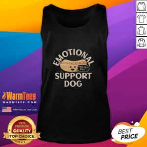 Good emotional support dog wearing a hot dog tank top, showcasing its playful personality and adorable style.
