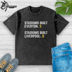 Official Everton vs Liverpool washed t-shirt showcasing 3 stadiums built for Everton, perfect for soccer fans.