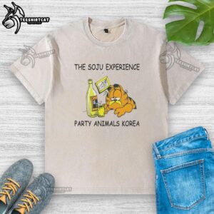 Party Animals Korea washed t-shirt featuring vibrant Soju Experience design, perfect for fans of Korean nightlife.