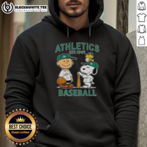 Alt Text: Charlie Brown, Snoopy, and Woodstock in Oakland Athletics baseball jersey hoodie, established 1901.