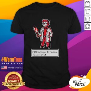 Pixel art T-shirt featuring 'Fire Is Super Effective Against Ice Pokmon' design, perfect for Pokmon fans and gamers.