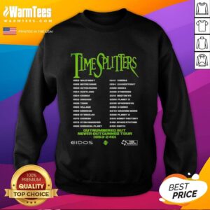 Good Timesplitters Outnumbered But Never Outgunned tour sweatshirt featuring vibrant design and bold graphics.