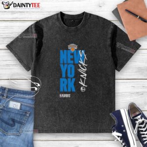 Official New York Knicks playoff basketball logo washed t-shirt featuring team colors and iconic design.