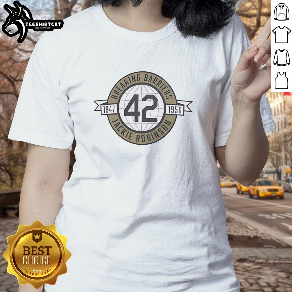 nice-breaking-barriers-jackie-robinson-1947-1956-ladies-tee Nice Breaking Barriers Jackie Robinson 1947-1956 Ladies Tee featuring iconic baseball imagery and historical significance.