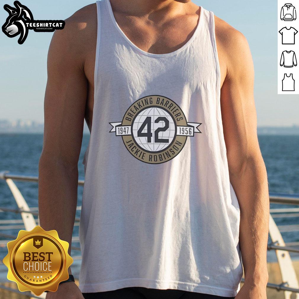 nice-breaking-barriers-jackie-robinson-1947-1956-tank-top Alt Text: Jackie Robinson breaking barriers in baseball, featured on a stylish tank top from 1947-1956 collection.