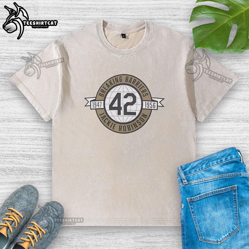 nice-breaking-barriers-jackie-robinson-1947-1956-washed-t-shirt Nice Breaking Barriers Jackie Robinson 1947-1956 washed t-shirt featuring iconic baseball legend design.