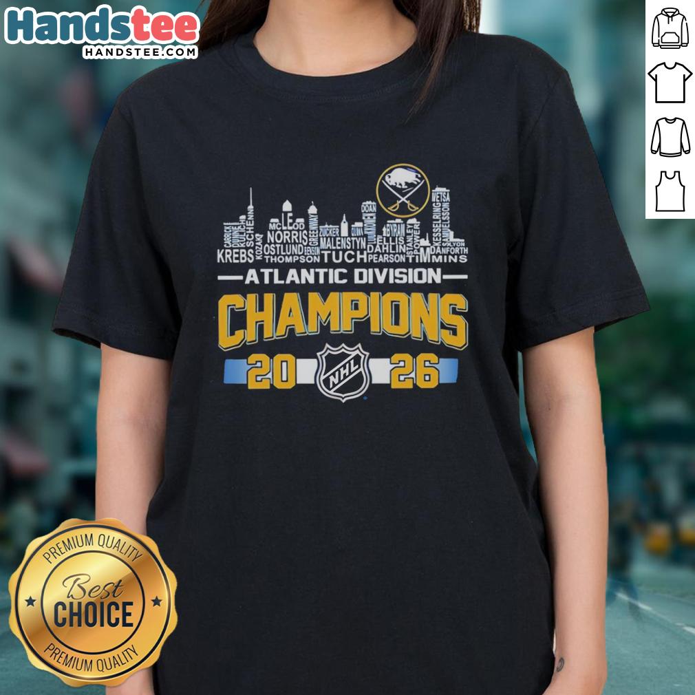 nice-buffalo-sabres-2026-nhl-atlantic-division-champions-name-players-city-skyline-ladies-tee Buffalo Sabres 2026 NHL Atlantic Division Champions ladies tee featuring players and city skyline design.
