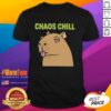 Funny capybara with red eyes and tongue out on a chaotic chill meme T-shirt, perfect for animal lovers and meme fans.