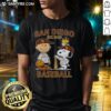 Alt Text: Charlie Brown, Snoopy, and Woodstock wearing a San Diego Padres jersey T-shirt, celebrating baseball since 1969.