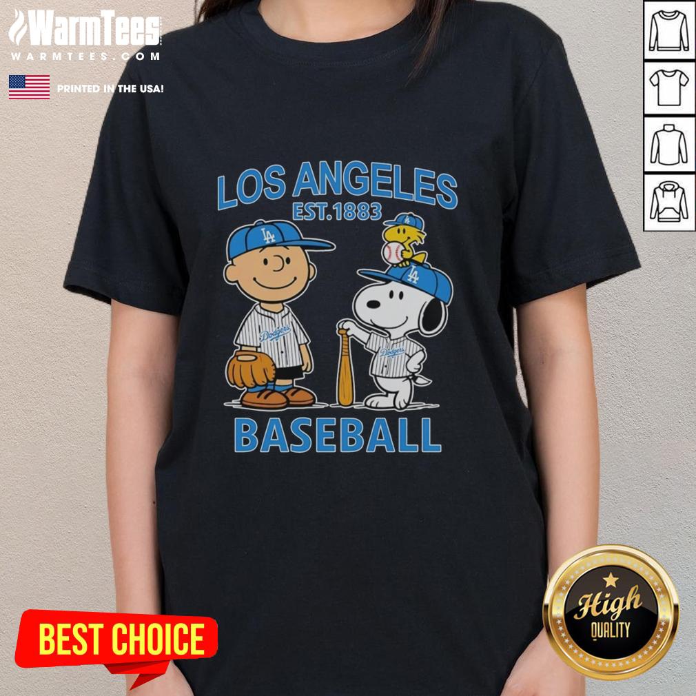 nice-charlie-brown-snoopy-and-woodstock-with-los-angeles-dodgers-baseball-jersey-est-1883-ladies-tee Nice Charlie Brown, Snoopy, and Woodstock in Los Angeles Dodgers baseball jersey, est. 1883, on a ladies tee.