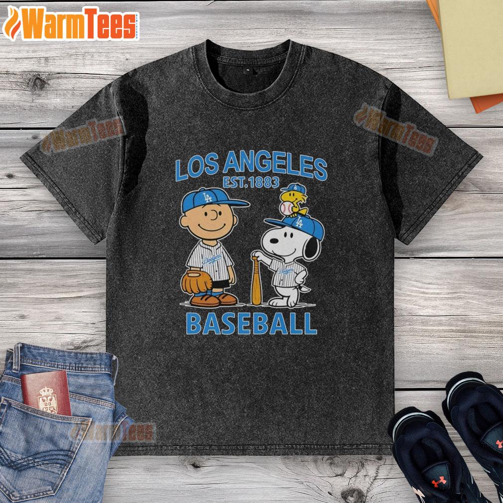 nice-charlie-brown-snoopy-and-woodstock-with-los-angeles-dodgers-baseball-jersey-est-1883-washed-t-shirt Charlie Brown, Snoopy, and Woodstock wear a Dodgers baseball jersey on a washed t-shirt, celebrating Los Angeles Dodgers.