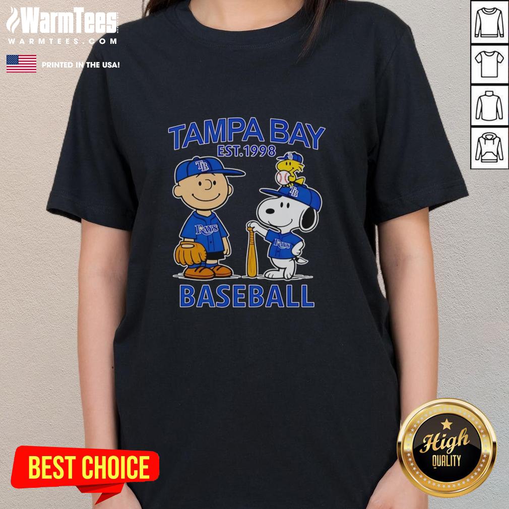nice-charlie-brown-snoopy-and-woodstock-with-tampa-bay-rays-baseball-jersey-est-1998-ladies-tee Nice Charlie Brown, Snoopy, and Woodstock in Tampa Bay Rays baseball jersey Est. 1998 on a ladies tee.