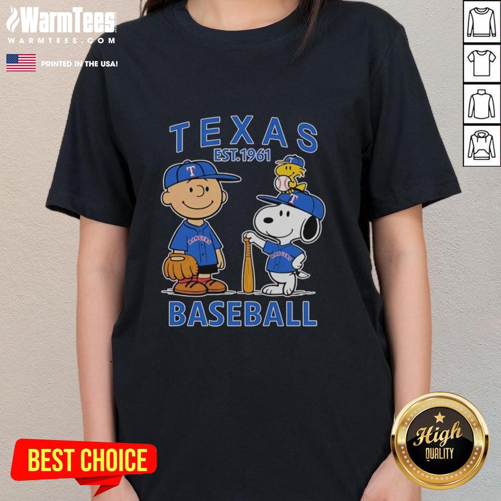 nice-charlie-brown-snoopy-and-woodstock-with-texas-rangers-baseball-jersey-est-1961-ladies-tee Alt Text: Charlie Brown, Snoopy, and Woodstock in Texas Rangers baseball jersey est. 1961 on a ladies tee shirt.