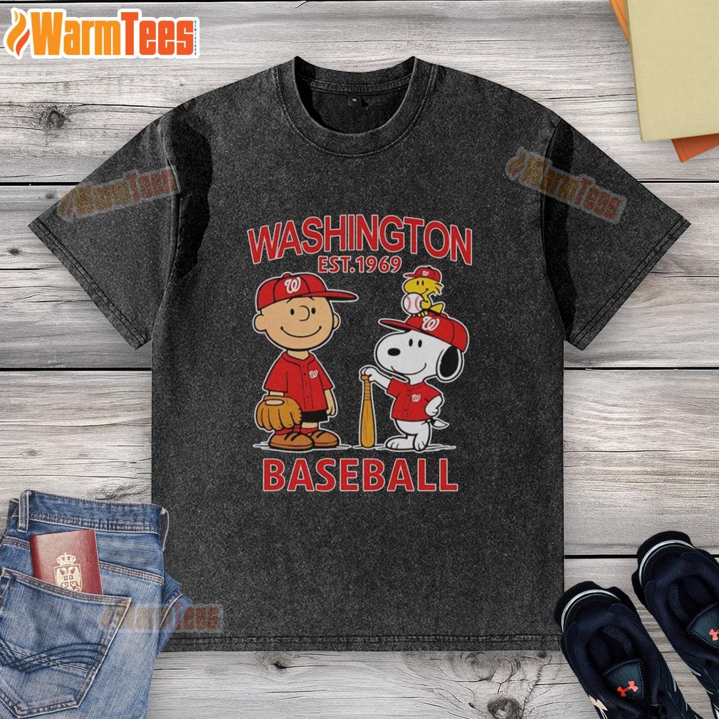 nice-charlie-brown-snoopy-and-woodstock-with-washington-nationals-baseball-jersey-est-1969-washed-t-shirt Alt Text: Charlie Brown, Snoopy, and Woodstock in Washington Nationals baseball jersey, vintage Est. 1969 washed t-shirt design.