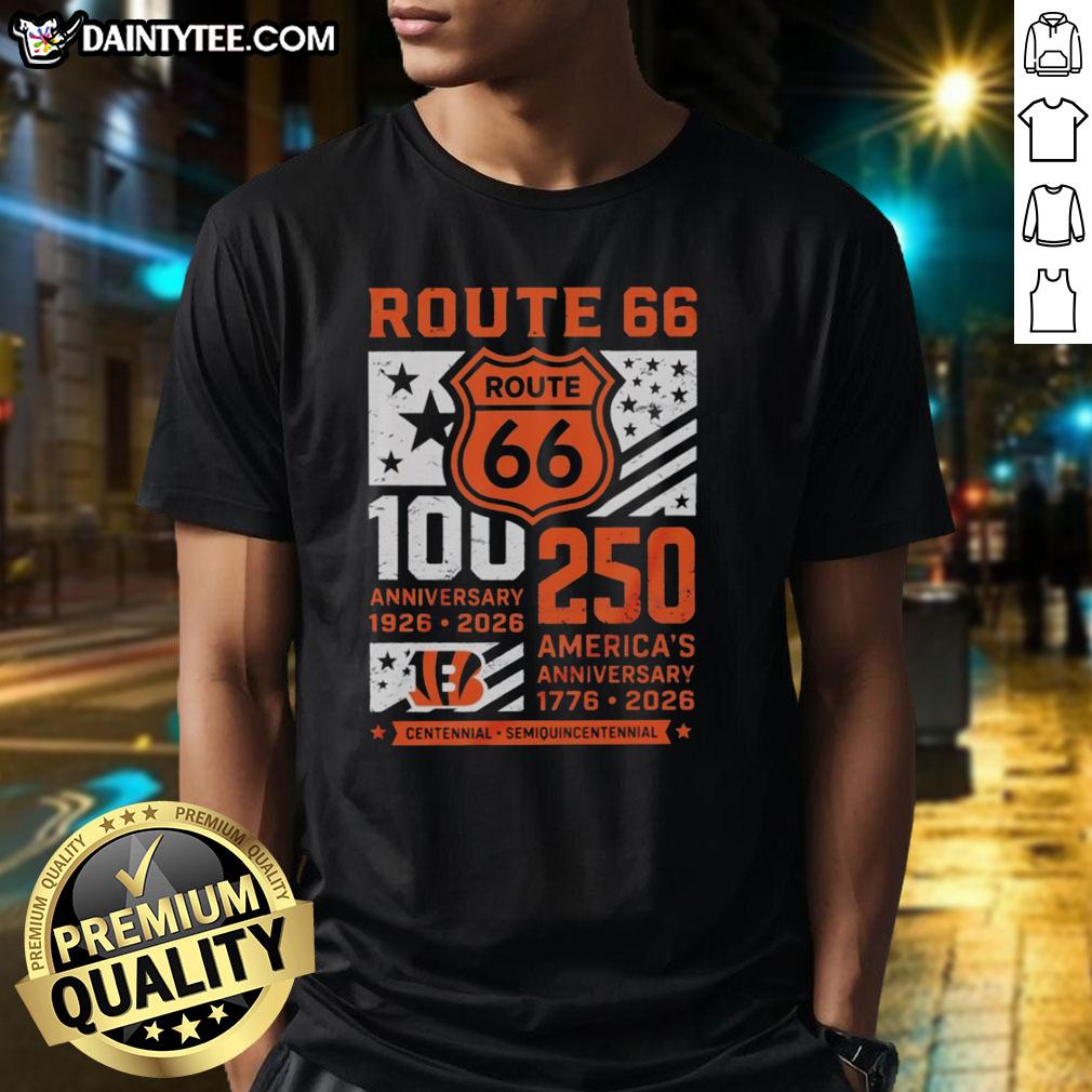 nice-cincinnati-bengals-route-66-centennial-100th-anniversary-1926-2026-250th-america-anniversary-t-shirt Alt Text: Cincinnati Bengals Route 66 Centennial T-Shirt celebrating 100th Anniversary 1926-2026 and America's 250th Anniversary.