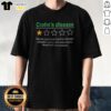 Funny Crohn's Disease t-shirt featuring a one-star rating and humorous text about management challenges and costs.
