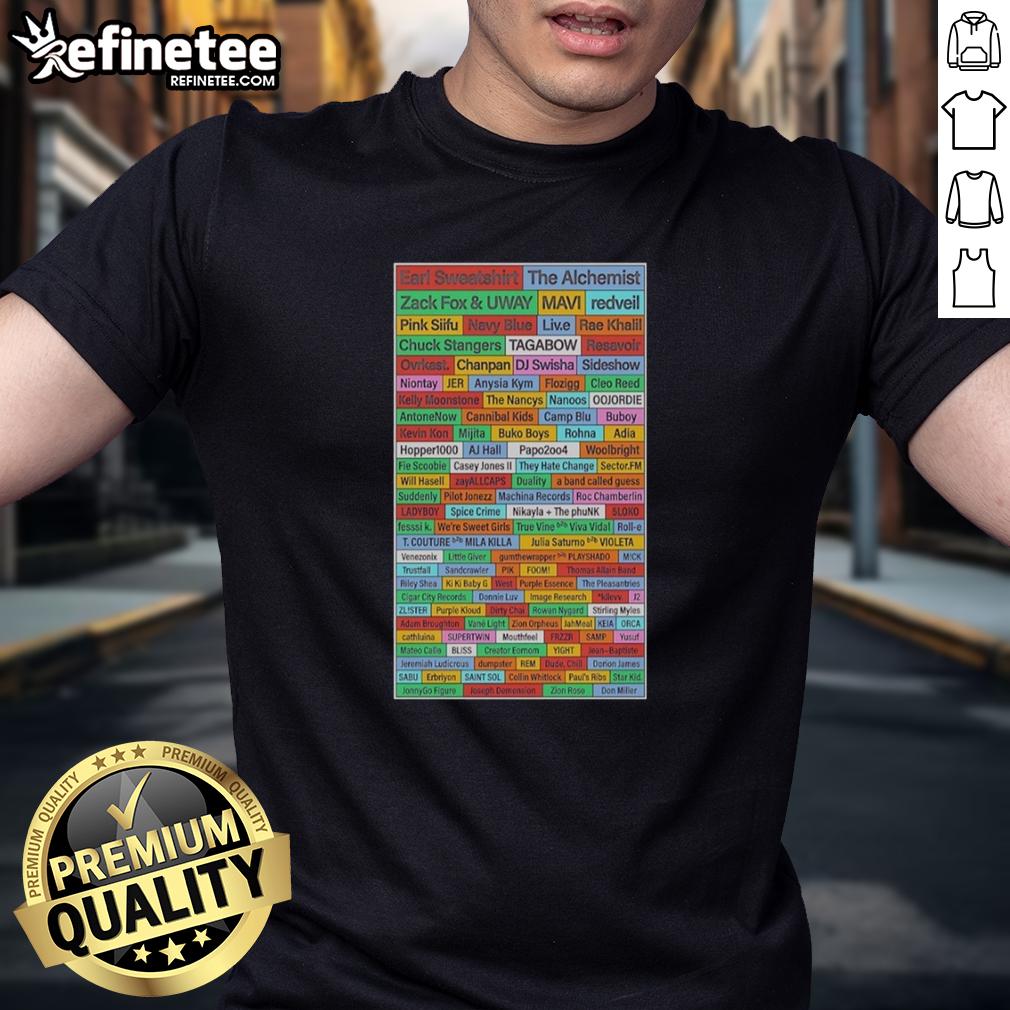 nice-earl-sweatshirt-the-alchemist-and-zack-fox-and-uway-name-list-t-shirt-1 Alt Text: Nice Earl Sweatshirt, The Alchemist, Zack Fox, and Uway name list printed on a stylish T-shirt design.