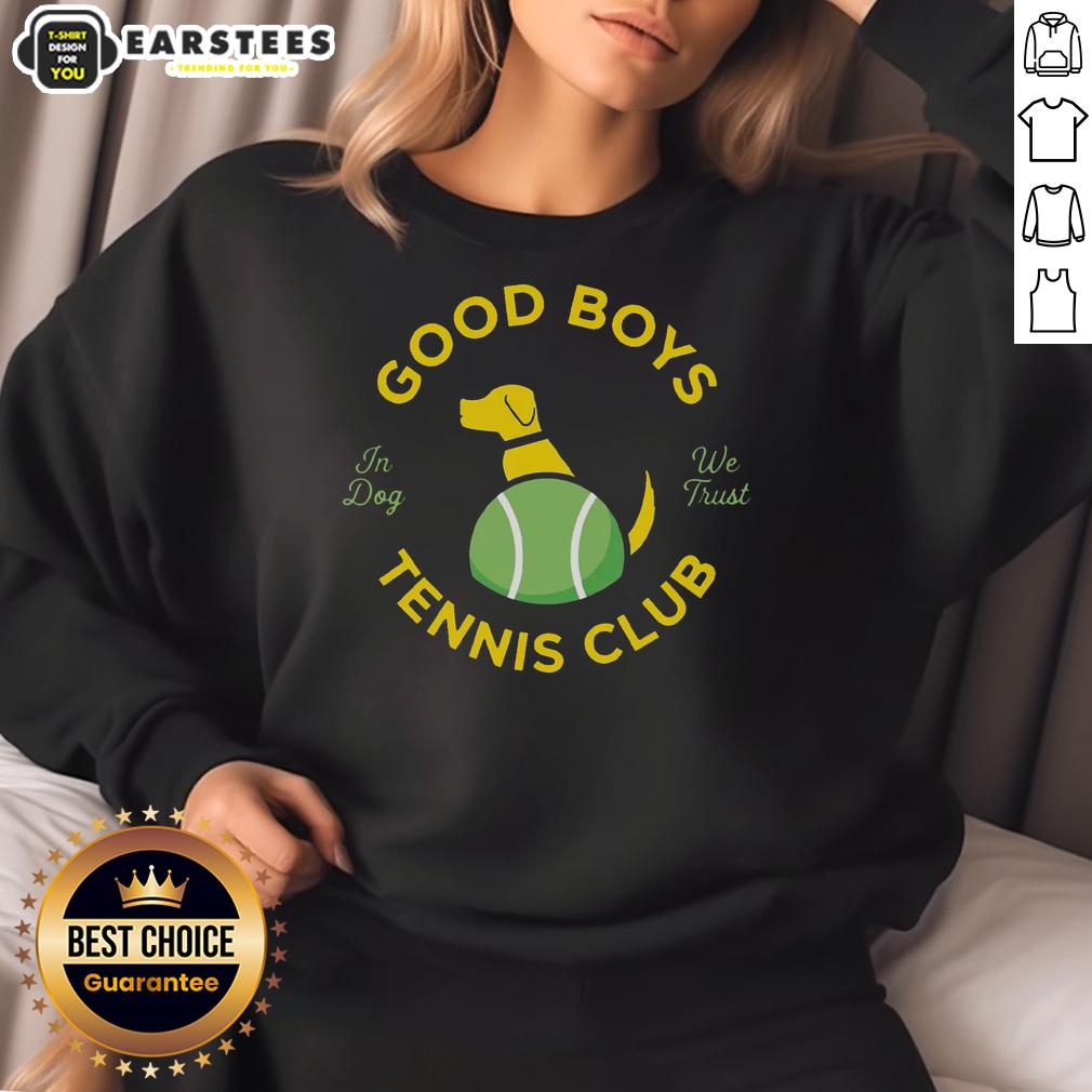 nice-good-boys-tennis-club-in-dog-we-trust-sweatshirt Nice Good Boys Tennis Club 'In Dog We Trust' sweatshirt displayed on a hanger, showcasing its stylish design and vibrant colors.