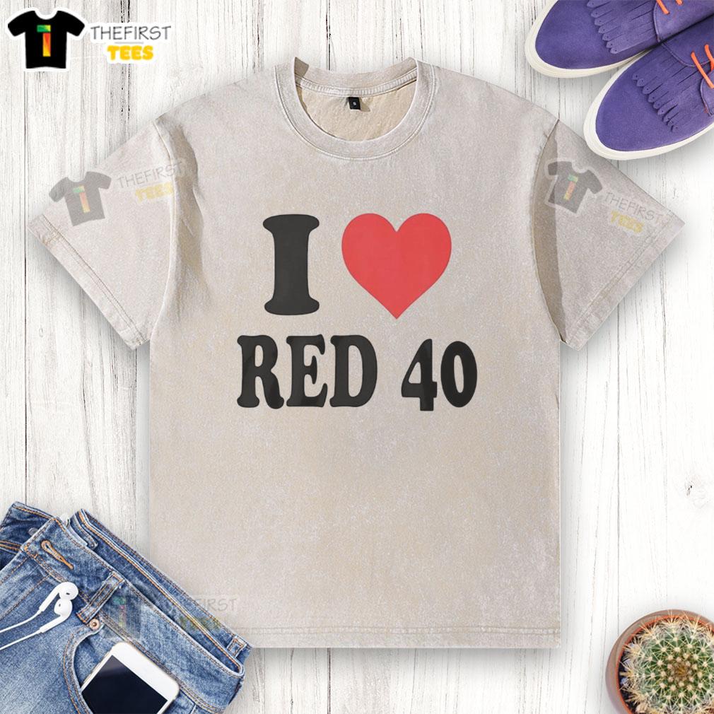 nice-i-love-red-40-washed-t-shirt Alt Text: Nice I Love Red 40 Washed T-Shirt displayed on a hanger, featuring vibrant red color and soft fabric texture.