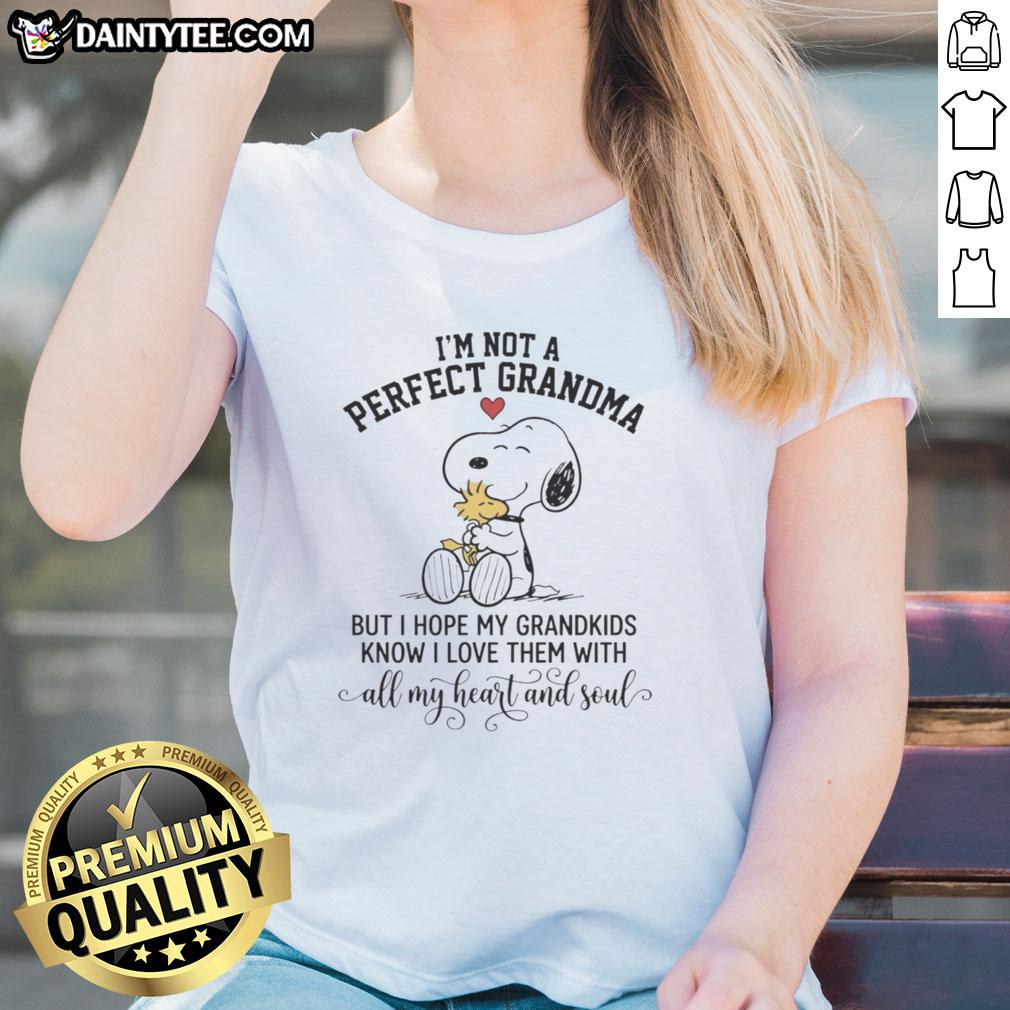 nice-im-not-a-perfect-grandma-snoopy-but-i-hope-my-grandkids-know-i-love-them-with-all-my-heart-and-soul-ladies-tee Cute ladies tee featuring Snoopy with the saying about love for grandkids, perfect for grandmothers.