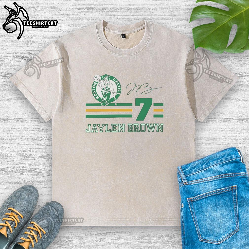 nice-jaylen-brown-boston-celtics-signature-name-and-number-washed-t-shirt Alt Text: Jaylen Brown Boston Celtics signature name and number washed t-shirt showcasing team pride in stylish design.