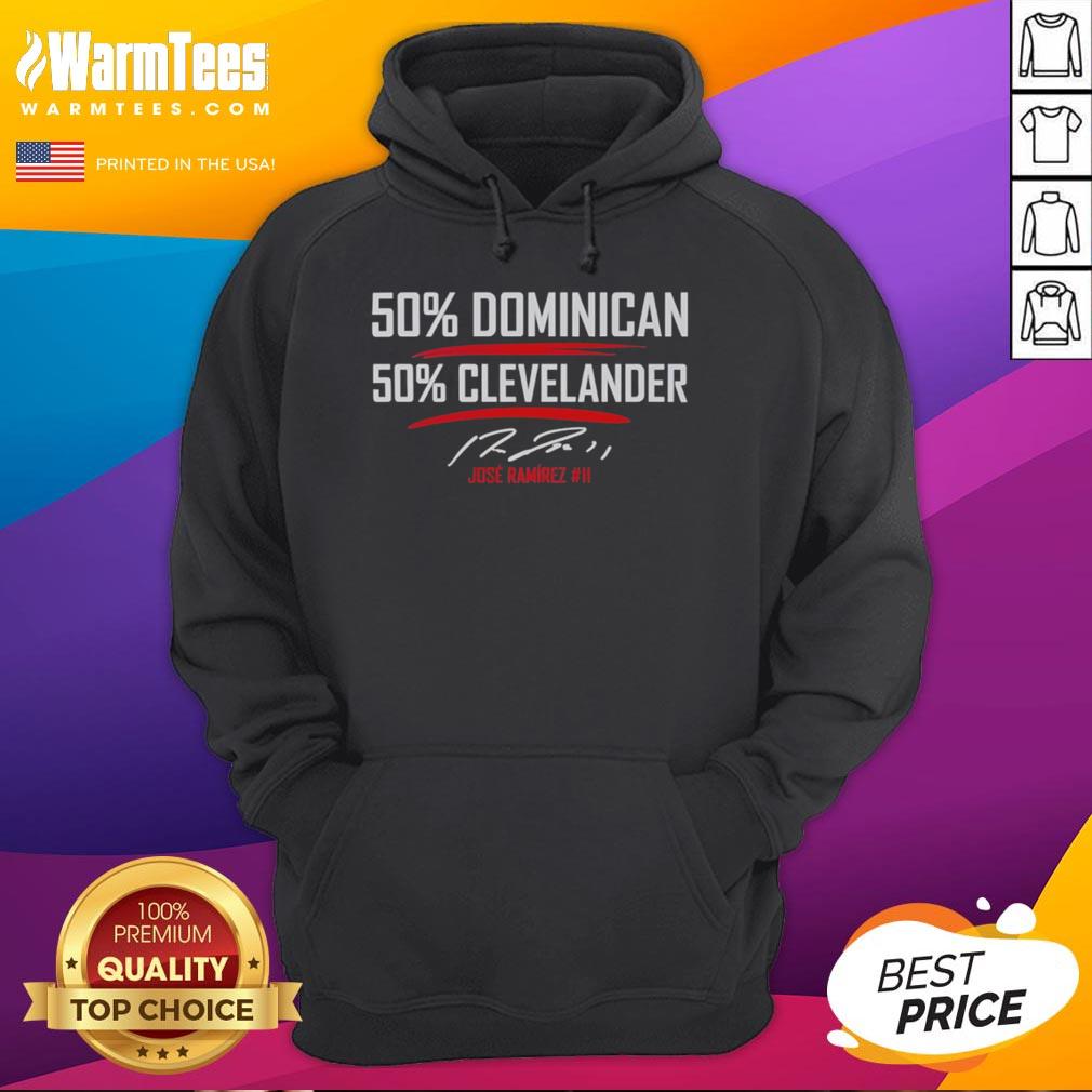 nice-jose-ramirez-50-percent-dominican-50-percent-clevelander-signature-hoodie Jose Ramirez signature hoodie featuring 50% Dominican, 50% Clevelander design, perfect for fans of the MLB star.