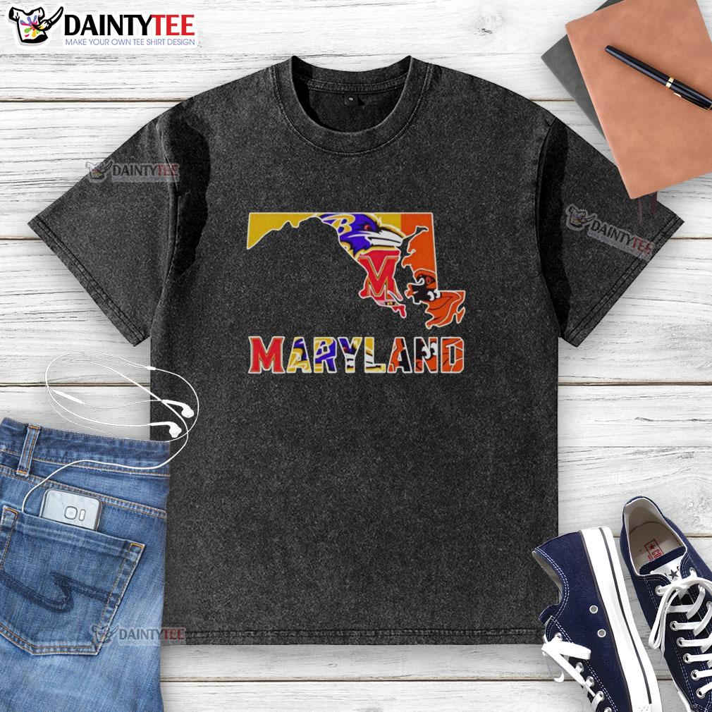 nice-maryland-sports-teams-graphic-transfer-state-washed-t-shirt Nice Maryland sports teams graphic on a washed t-shirt, perfect for fans supporting local teams and showing state pride.