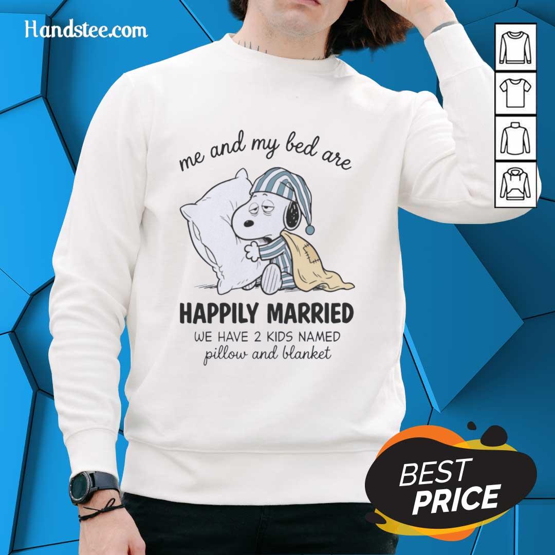 nice-me-and-my-bed-are-snoopy-happily-married-we-have-2-kids-named-pillow-and-blanket-sweatshirt Cozy sweatshirt featuring 'Nice Me and My Bed Are Snoopy Happily Married' with playful kids Pillow and Blanket design.