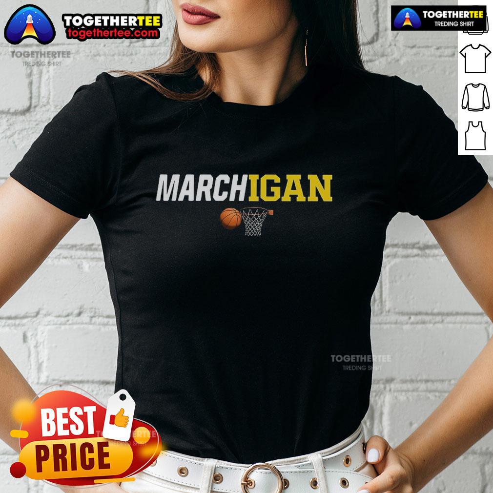 Nice Michigan Wolverines Marchigan Ladies Tee Alt Text: Nice Michigan Wolverines Marchigan Ladies Tee featuring a stylish design for female fans of the Wolverines.
