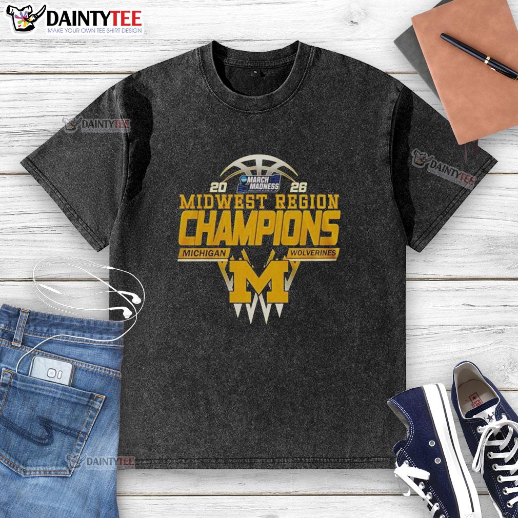 nice-michigan-wolverines-midwest-region-champions-2026-washed-t-shirt 2026 Midwest Region Champions Nice Michigan Wolverines washed t-shirt featuring team logo and vintage style design.
